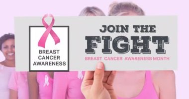 Çeşitli kadın grupları üzerine pembe kurdele logosu ve göğüs kanseri metninin animasyonu. Göğüs kanseri pozitif farkındalık kampanyası konsepti dijital olarak üretildi.