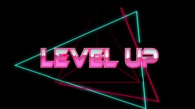 Neon çizgileri üzerinde pembe metalik harflerle üst düzey metin animasyonu. Video oyunu, eğlence ve dijital arayüz kavramı dijital olarak oluşturuldu.