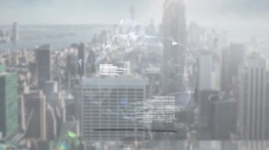 Animation of network of connections with globe over cityscape. global business, travel and connections digitally generated video.