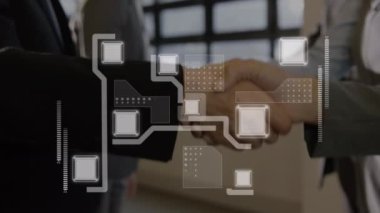 İş adamı tokalaşması üzerinden bağlantı ağının animasyonu. küresel iş, başarı, bağlantılar ve dijital arayüz konsepti dijital olarak oluşturulmuş video.