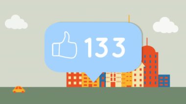 Yüksek binalara karşı yoldaki araçların üzerindeki konuşma baloncuğunda artan sayıdaki ikon gibi. Sosyal medya ağı ve teknoloji kavramı