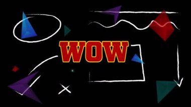 Animation of wow text over colorful shapes on black background. video game, entertainment and digital interface concept digitally generated video.