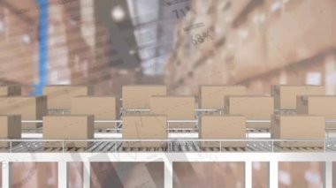 Taşıyıcı bantlardaki karton kutuların üzerinde finansal veri işleme animasyonu. 
