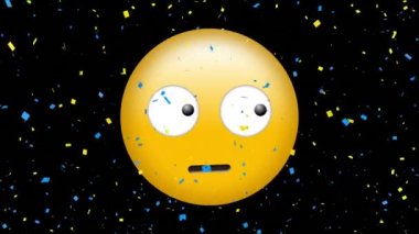 Emojinin üzerine düşen konfeti animasyonu etrafa bakınıyor, siyah arka planda. küresel sosyal medya ve iletişim konsepti dijital olarak oluşturulmuş video.