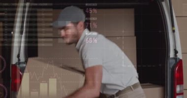 Beyaz kuryeyle ilgili istatistiksel veri işleme aracı karavanından kutuları çıkarıyor. lojistik ve ulaşım sektörü kavramı