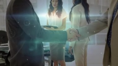 İş adamı tokalaşması üzerinden bağlantı ağının animasyonu. küresel iş, başarı ve bağlantılar konsepti dijital olarak oluşturulmuş video.