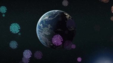 Çoklu çoklu covid-19 hücreleri yüzüyor ve dönen küre üzerinde mavi arkaplan üzerinde ışık noktası var. Coronavirus covid-19 salgın konsepti