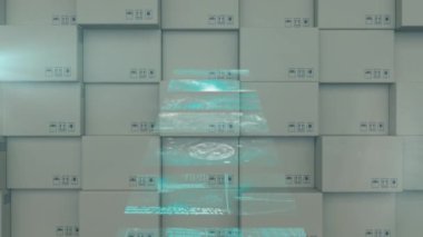 Veri işleme ile birden fazla ekran ve kutu yığınına karşı ışık noktası. lojistik ve ulaşım sektörü kavramı