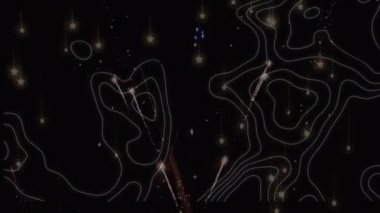 Animation of white lines over fireworks exploding and spots falling. new year's eve party and celebration concept digitally generated video.