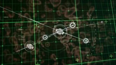 Dijital simgelerden oluşan bir ağ, siyah arkaplandaki covid-19 hücreleri ve kan damarları üzerinden ızgara ağında. Coronavirus covid-19 salgın konsepti