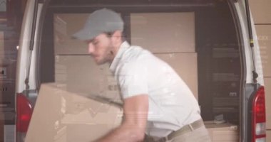 Teslimatçı ve minibüsle ilgili istatistik ve finansal veri işleme animasyonları. küresel gönderim, dağıtım, iş, veri işleme ve teknoloji konsepti dijital olarak oluşturulmuş video.