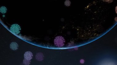 Çoklu çoklu covid-19 hücreleri yüzüyor ve dönen küre üzerinde mavi arkaplan üzerinde ışık noktası var. Coronavirus covid-19 salgın konsepti