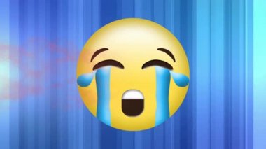Kırmızı dijital dalganın dijital animasyonu ağlayan yüz emojisi üzerinde mavi gradyan arkaplana karşı. ifade ve iletişim kavramı