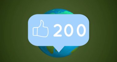 Mavi konuşma baloncuğunda yükselen sayılı ikon gibi dönen dünyayı çevreci arka plana karşı doldurur. Sosyal medya ağı ve teknoloji kavramı