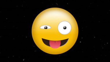 Digital animation of silly face emoji against multiple white particles floating on black background. expression and communication concept