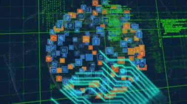 Mavi zemin üzerinde dijital simge ve veri işleme dünyasındaki mikroişlemci bağlantıları. küresel ağ ve bilgisayar arayüzü teknolojisi kavramı
