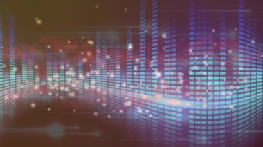 Parlayan beyaz noktaların ve mavi dikdörtgen ışıkların üzerinde hareket eden kırmızı buharın animasyonu. 