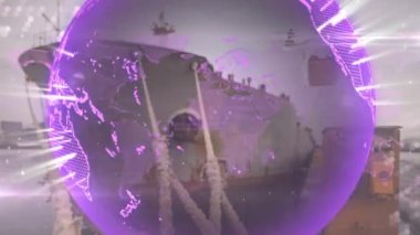 Rıhtımlar üzerinde küresel ve dijital dronların animasyonu. küresel bağlantılar, dijital arayüz ve teknoloji konsepti dijital olarak oluşturulmuş video.