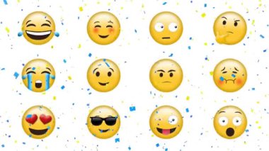 Digital animation of confetti falling over multiple face emojis against white background. expression and communication concept