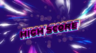 Mavi zemin üzerinde mor ve mavi ışıklar üzerinde yüksek skorlu metin animasyonu. Video oyunu, eğlence ve dijital arayüz kavramı dijital olarak oluşturuldu.