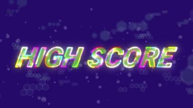 Animation of high score text over moving cubes on blue background. video game, entertainment and digital interface concept digitally generated video.
