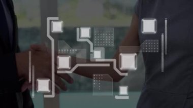 İş adamı tokalaşması üzerinden veri işleme ağı animasyonu. küresel iş, başarı, bağlantılar ve dijital arayüz konsepti dijital olarak oluşturulmuş video.