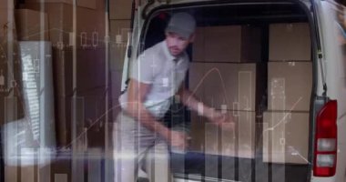 Teslimatçı ve minibüsle ilgili istatistik ve finansal veri işleme animasyonları. küresel gönderim, dağıtım, iş, veri işleme ve teknoloji konsepti dijital olarak oluşturulmuş video.