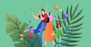 Yeşil arka planda oynayan aile kompozisyonu. Mutlu aile, sevgi ve destek konsepti dijital olarak oluşturulmuş imaj.