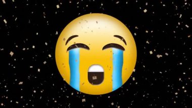 Siyah zemine konfeti düşmesi üzerine emoji simgesi animasyonu. küresel sosyal medya ve iletişim konsepti dijital olarak oluşturulmuş video.