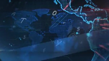 Siyah arkaplanda küre ve harflerin animasyonu. küresel bağlantılar, dijital arayüz ve teknoloji konsepti dijital olarak oluşturulmuş video.