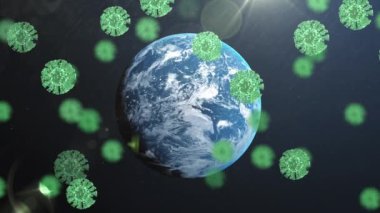 Mavi arka planda dönen dünyanın üzerinde yüzen çoklu yeşil covid-19 hücreleri. Coronavirus covid-19 salgın konsepti