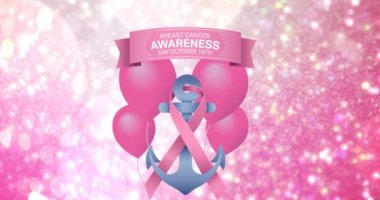 Pembe kurdele çapa logosu ve göğüs kanseri metninin üzerinde uçan pembe balonların animasyonu. Göğüs kanseri pozitif farkındalık kampanyası konsepti dijital olarak üretildi.