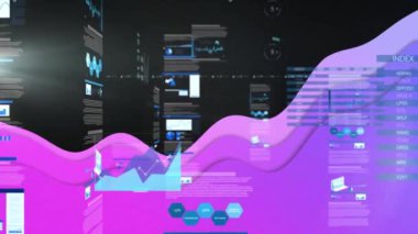 Veri işleme üzerinde mor dalga animasyonu. küresel bilim, dijital arayüz ve veri işleme kavramı dijital olarak oluşturulmuş video.