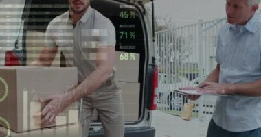 Teslimatçı ve minibüsle ilgili istatistik ve finansal veri işleme animasyonları. küresel gönderim, dağıtım, iş, veri işleme ve teknoloji konsepti dijital olarak oluşturulmuş video.