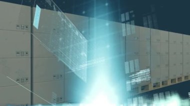 Depodaki taşıyıcı banttaki karton kutuların üzerinde istatistik ve veri işleme animasyonu. 