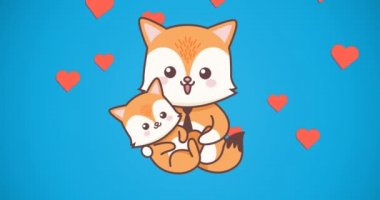 Tilki ailesinin kalp simgelerini kucaklayan bileşimi. Mutlu aile, sevgi ve destek konsepti dijital olarak oluşturulmuş imaj.