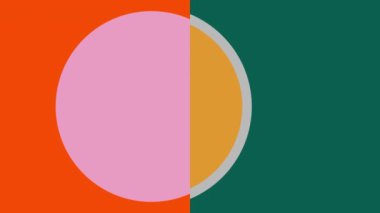 Pembe ve sarı dairelerin animasyonu ve turuncu ve yeşil arka planda hareket eden gri halka. hareket, enerji ve renk, soyut dijital arayüz arkaplan kavramı dijital olarak oluşturulmuş video.