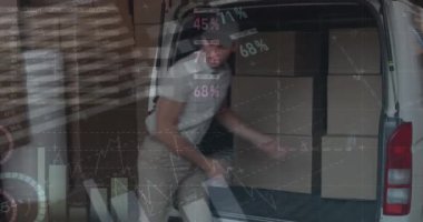 Teslimatçı ve minibüsle ilgili istatistik ve finansal veri işleme animasyonları. küresel gönderim, dağıtım, iş, veri işleme ve teknoloji konsepti dijital olarak oluşturulmuş video.