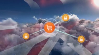 Bulutların üzerindeki simgelerle bağlantı ağının animasyonu. küresel iş, bağlantılar, dijital arayüz ve teknoloji konsepti dijital olarak oluşturulmuş video.
