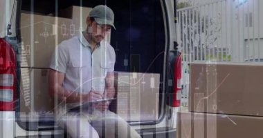 Teslimatçı ve minibüsle ilgili istatistik ve finansal veri işleme animasyonları. küresel gönderim, dağıtım, iş, veri işleme ve teknoloji konsepti dijital olarak oluşturulmuş video.