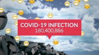 Covid-19 enfeksiyon metni. Artan sayılar ve kırık para birimi sembolüne karşı yüz ifadeleri. covid-19 salgını nedeniyle küresel ekonomik durgunluk