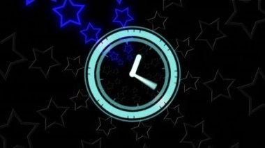 Amerikan bayrağının renginde yıldız ve saat animasyonu. İletişim, vatanseverlik ve sosyal ağ konsepti dijital olarak oluşturulmuş video.