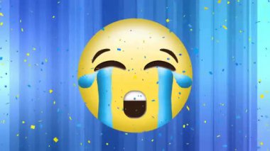 Mavi arka planda düşen konfeti üzerine hüzünlü emoji simgesi animasyonu. küresel sosyal medya ve iletişim konsepti dijital olarak oluşturulmuş video.