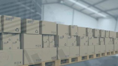 İstatistiksel veri, depoya karşı taşıyıcı banttaki çoklu dağıtım kutuları üzerinde işlem yapıyor. lojistik ve ulaşım sektörü kavramı