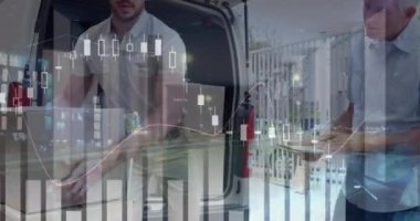 Mali veri işleme animasyonu teslimatçının arabayı deponun dışına yüklemesi üzerine. küresel sevkiyat, dağıtım ve bağlantılar konsepti dijital olarak oluşturulmuş video.