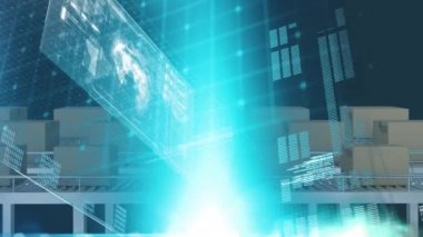 Veri işleme ile dijital arayüz mavi arkaplandaki çoklu kutular üzerinde. lojistik ve ulaşım sektörü kavramı