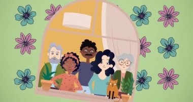 Yeşil arka planda kucaklaşan mutlu aile animasyonu. Mutlu aile, sevgi ve destek konsepti dijital olarak oluşturulmuş video.