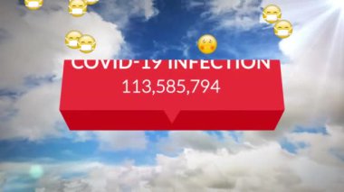 Covid-19 infection text with increasing cases against clouds in the blue sky. coronavirus covid-19 pandemic concept