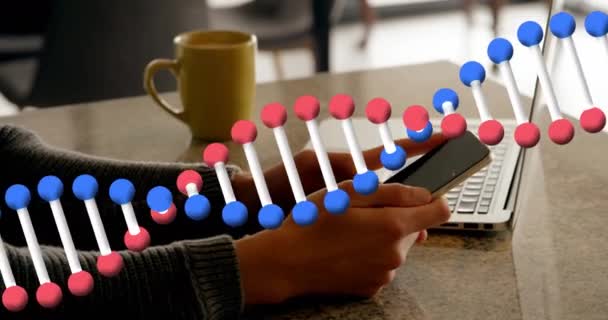 Dna Structure Spinning Mid Section Man Holding Coffee Cup Using — Stock Video