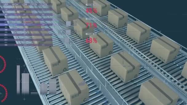 Animação Processamento Dados Financeiros Sobre Caixas Papelão Correias Transportadoras Armazém — Vídeo de Stock